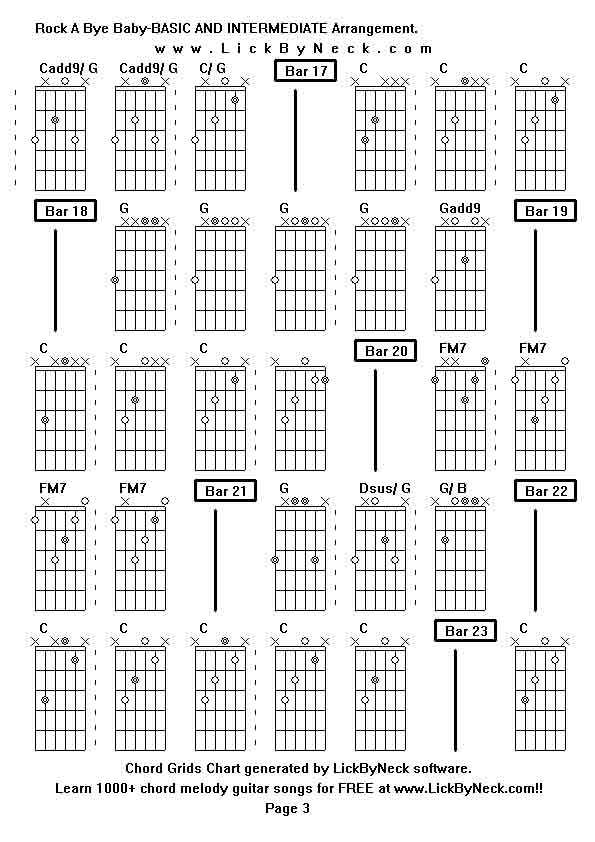 Chord Grids Chart of chord melody fingerstyle guitar song-Rock A Bye Baby-BASIC AND INTERMEDIATE Arrangement,generated by LickByNeck software.